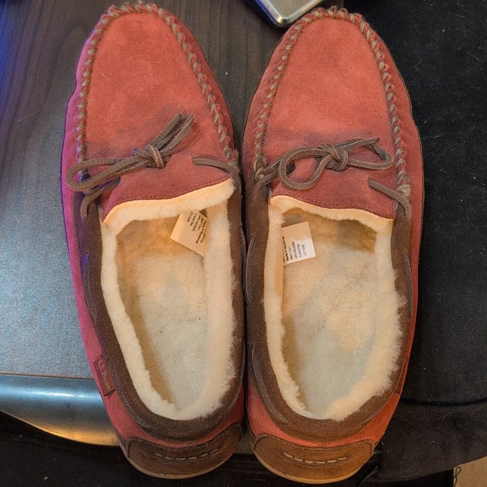 L.L.Bean Suede Shearling Lined Moccasin Slippers Red/Brown Men’s 13 M